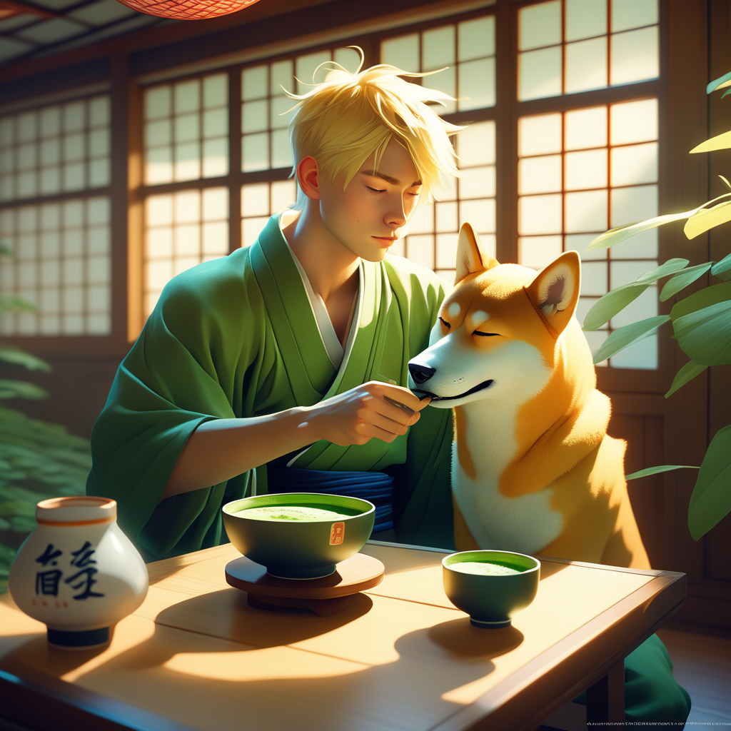 Kunstvolle Illustration von Max und seinem Shiba Inu bei einer Teezeremonie